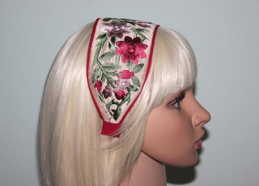 Embroidered wide hradband 3.15'' inch Blush & Claret Red flower hairband for women