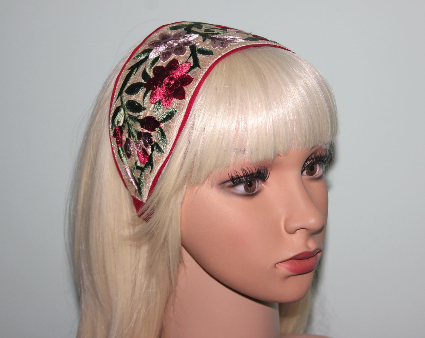 Embroidered wide hradband 3.15'' inch Blush & Claret Red flower hairband for women