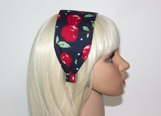 Cherry hairband bandana Dark Blue wide headband for women