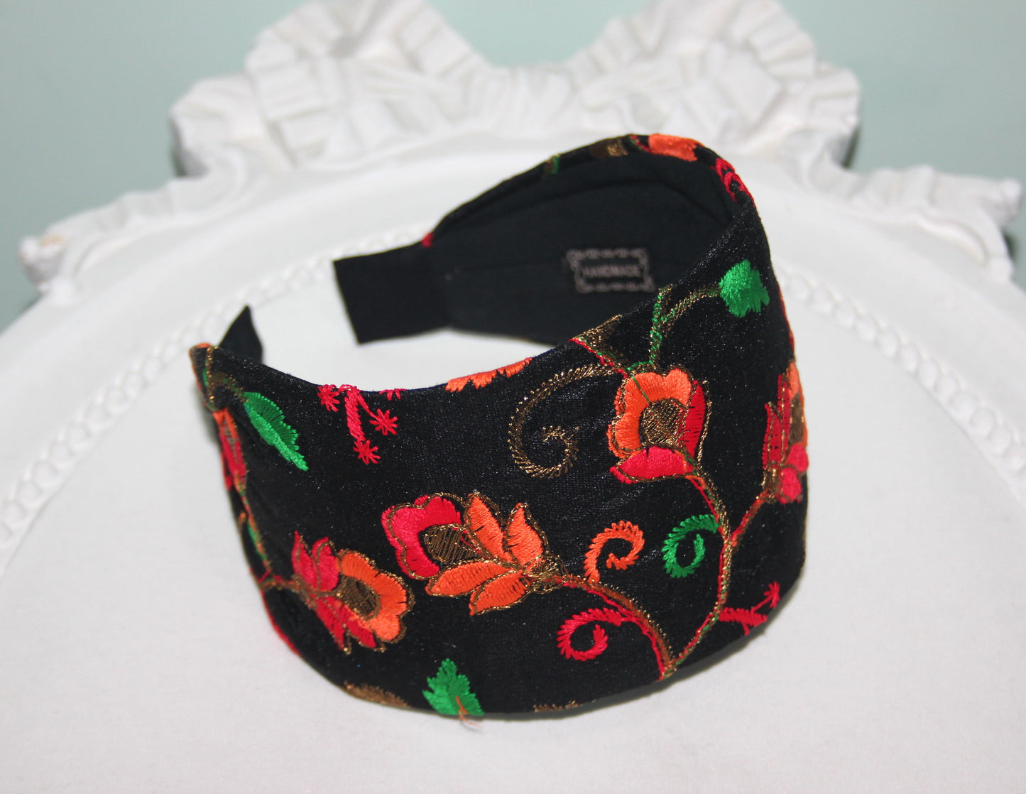 Embroidered headband for women Black & Orange poly silk hairband