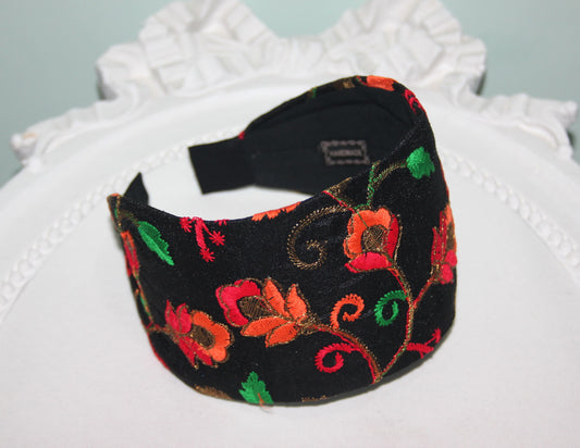Embroidered headband for women Black & Orange poly silk hairband