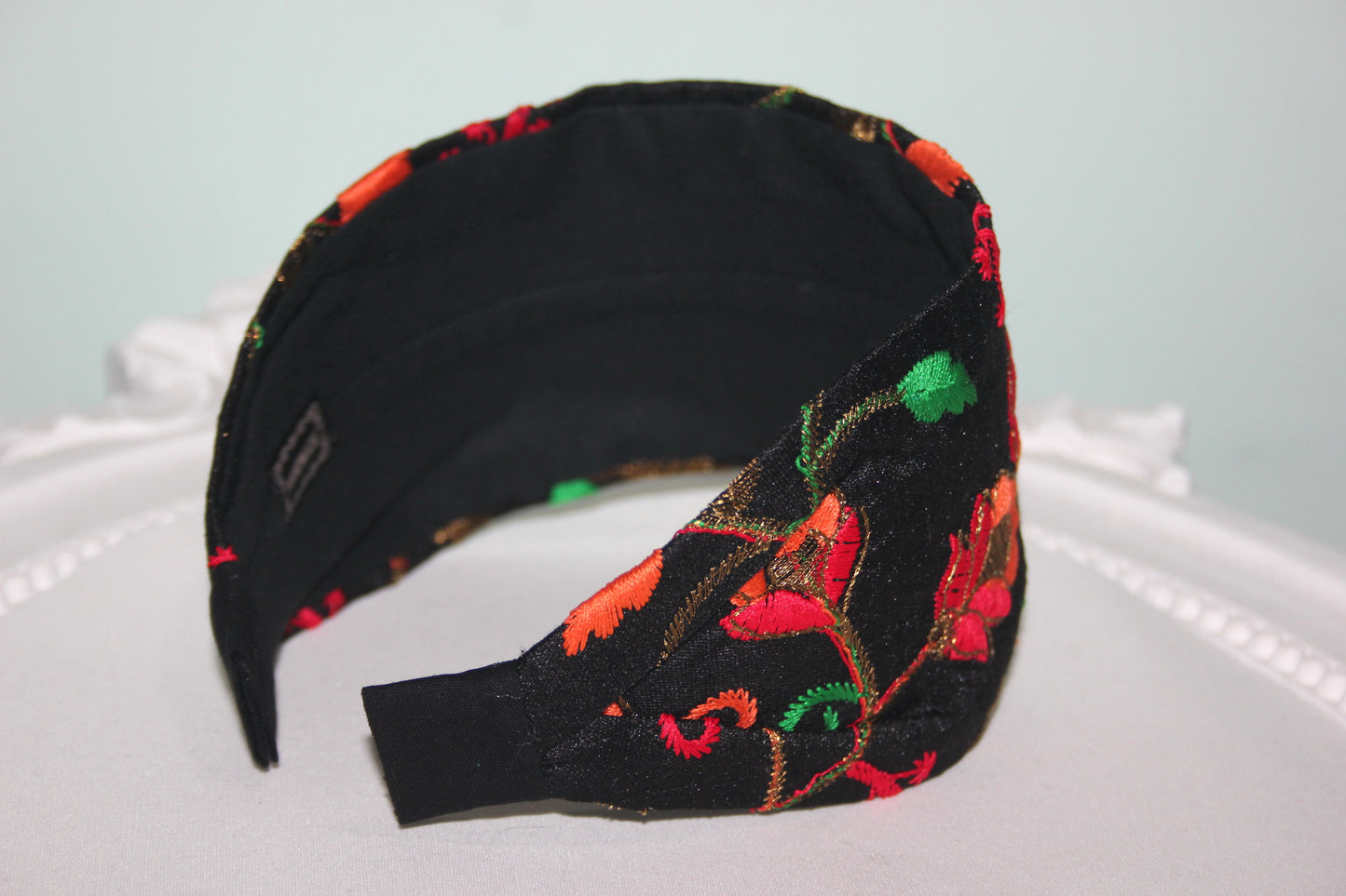 Embroidered headband for women Black & Orange poly silk hairband