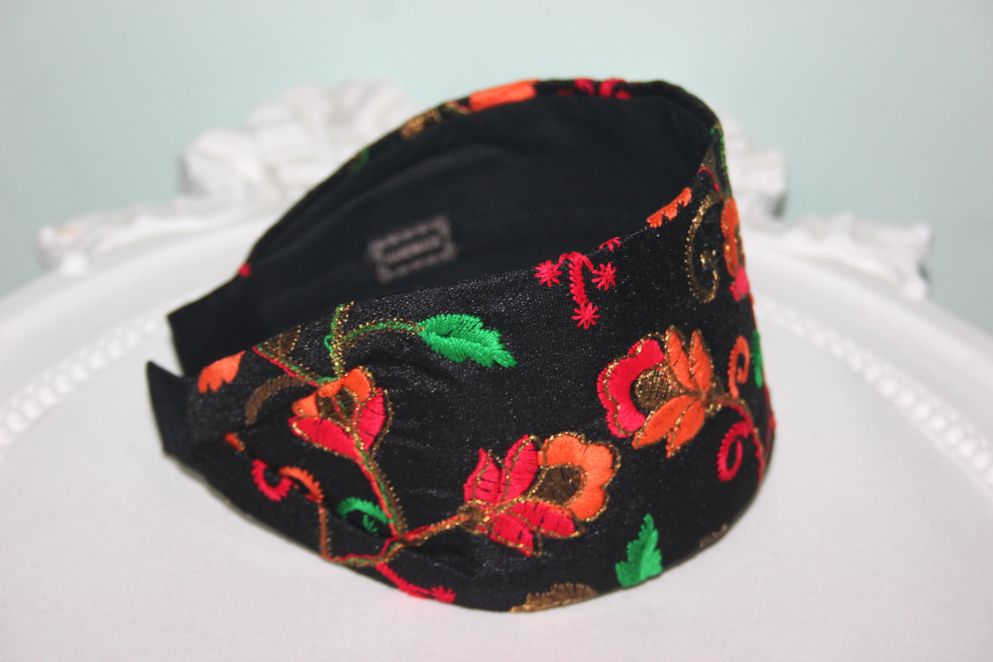 Embroidered headband for women Black & Orange poly silk hairband