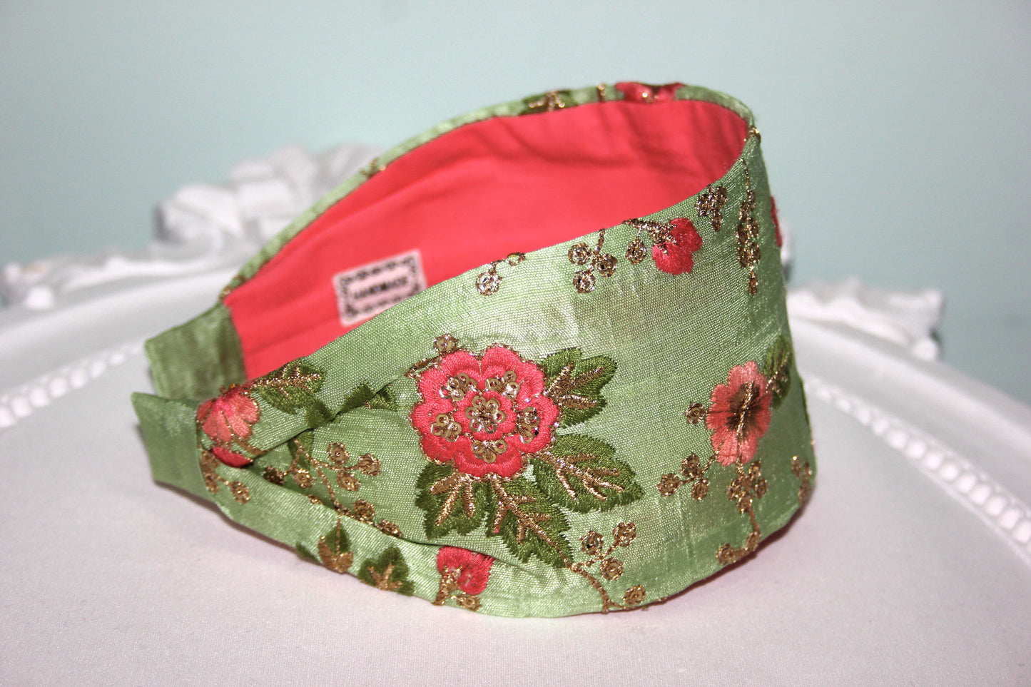 Embroidered flower headband Aple Green blossom chic hairband