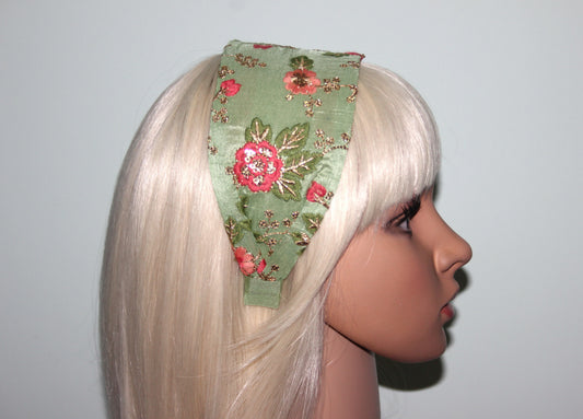 Embroidered flower headband Aple Green blossom chic hairband