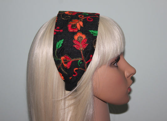 Embroidered headband for women Black & Orange poly silk hairband