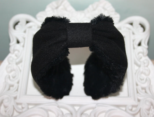 Black wool blend earmuff for women Faux fur ear warmer Comfy headband turban