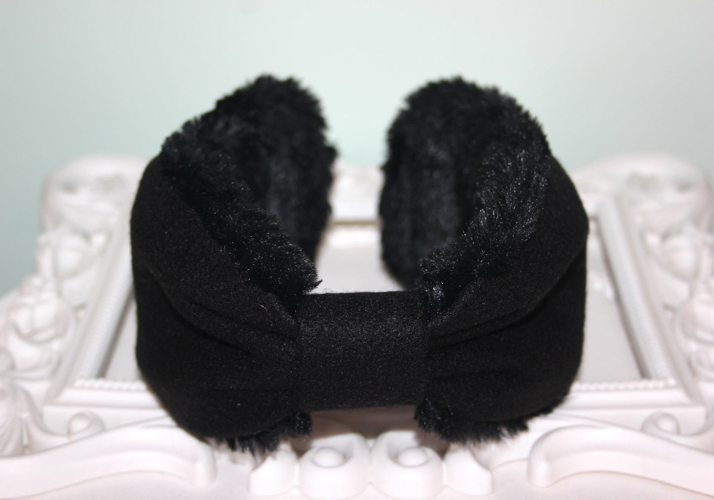 Black wool blend earmuff for women Faux fur ear warmer Comfy headband turban