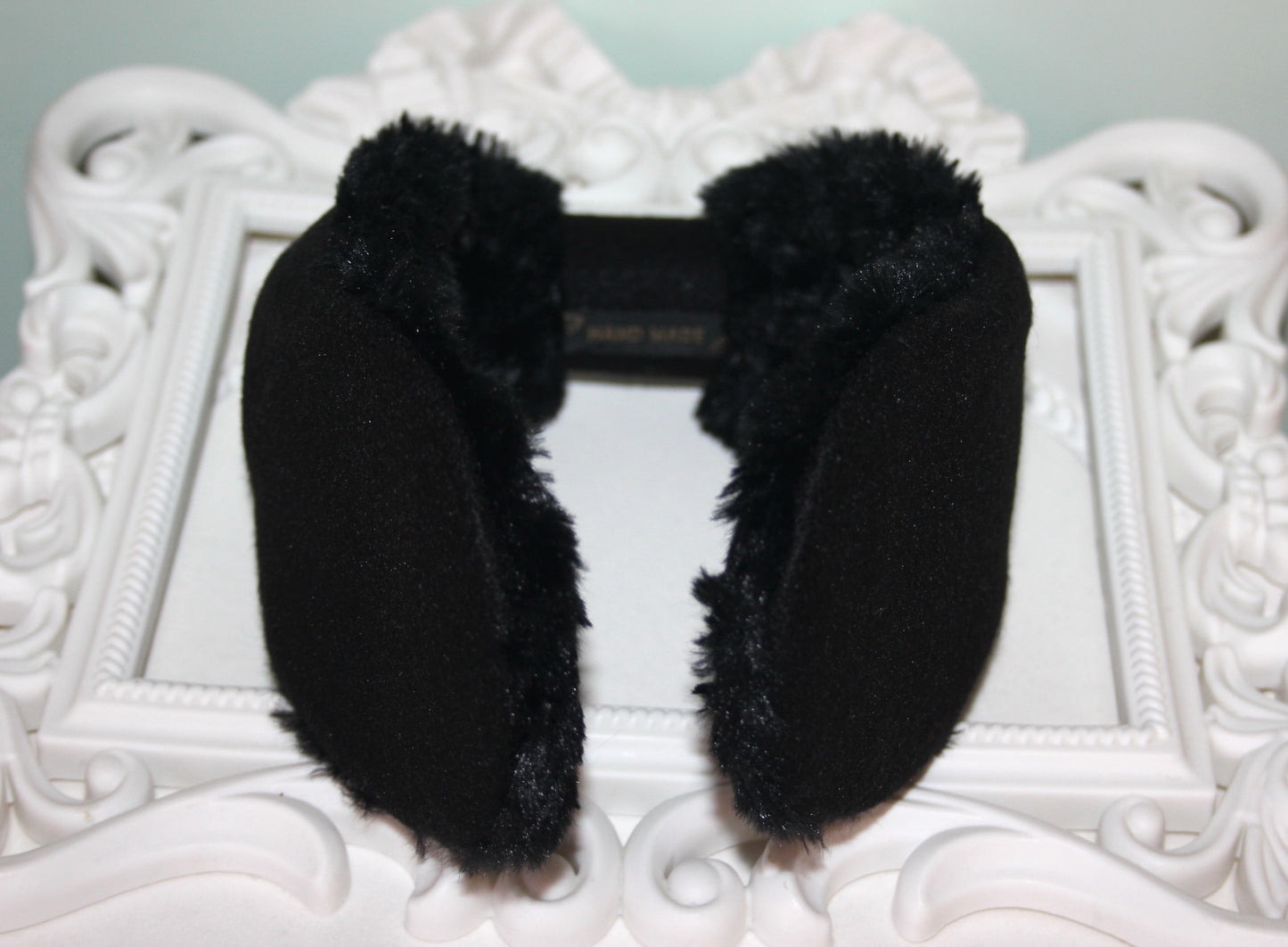 Black wool blend earmuff for women Faux fur ear warmer Comfy headband turban