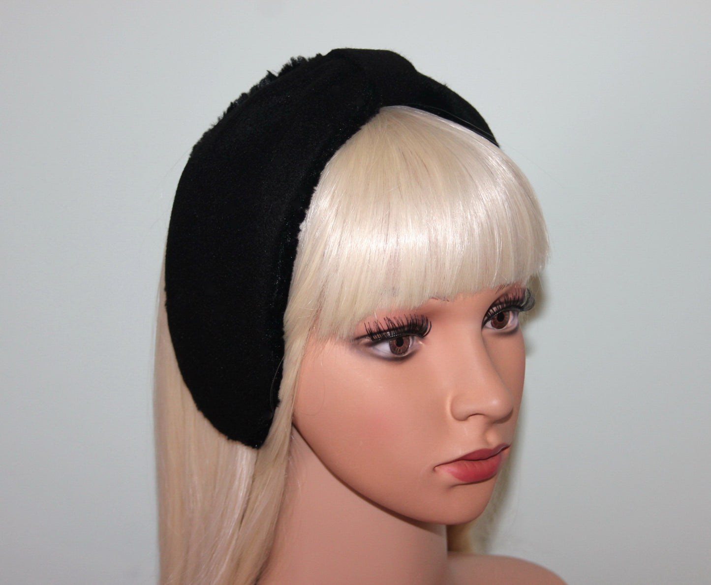 Black wool blend earmuff for women Faux fur ear warmer Comfy headband turban