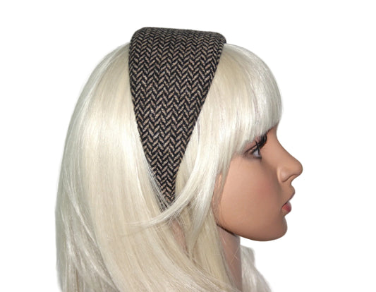 Herringbone Wool headband Black & Brown tweed hairband, plastic free
