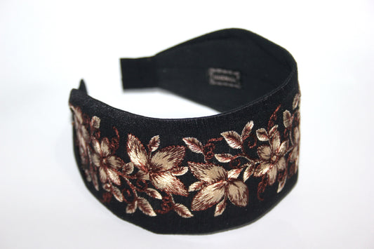 Boho embroidered headband 2.75" inch Black & Brown events wide head cover