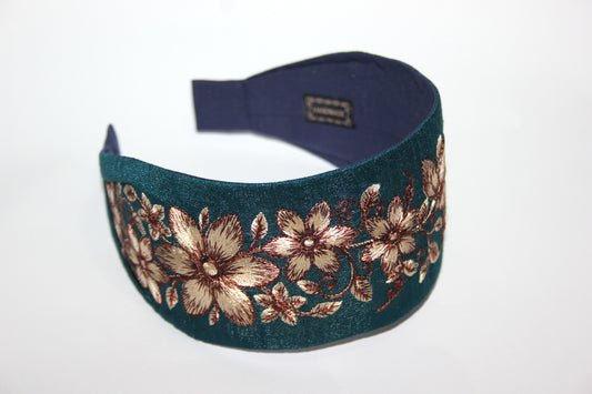 Boho embroidered headband 2.75" inch Blue & Brown events wide head cover