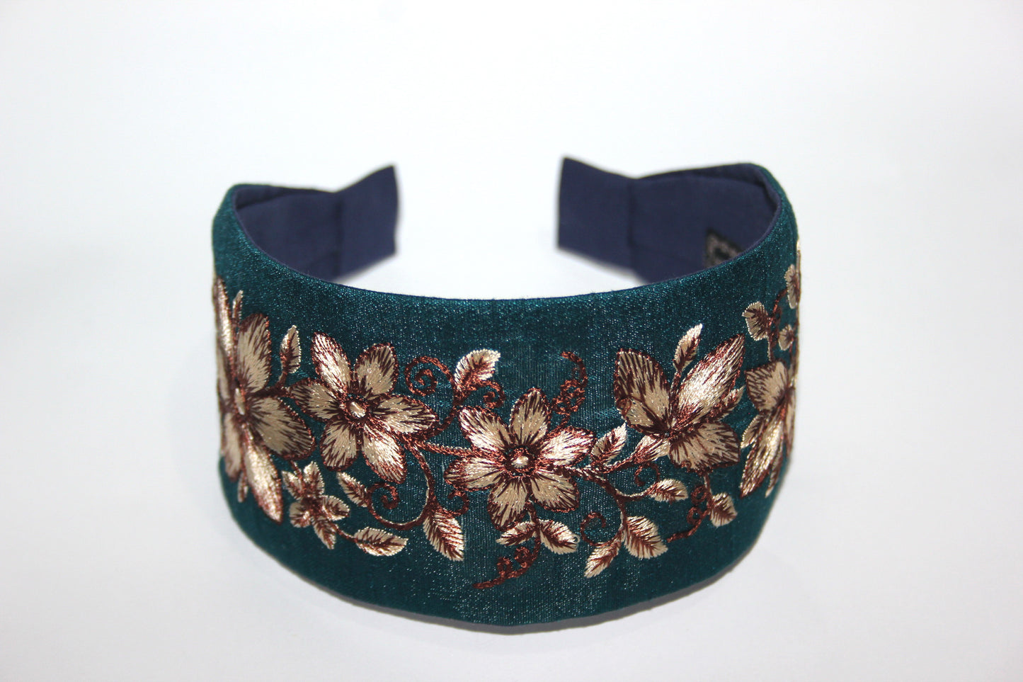 Boho embroidered headband 2.75" inch Blue & Brown events wide head cover