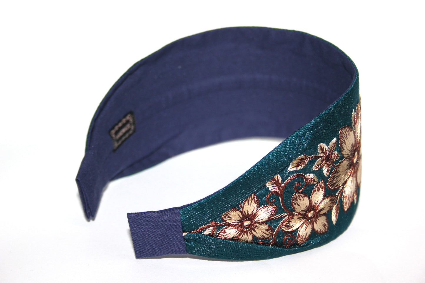 Boho embroidered headband 2.75" inch Blue & Brown events wide head cover