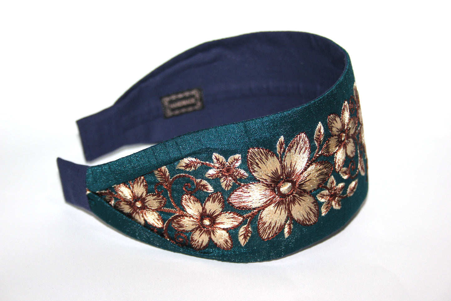Boho embroidered headband 2.75" inch Blue & Brown events wide head cover