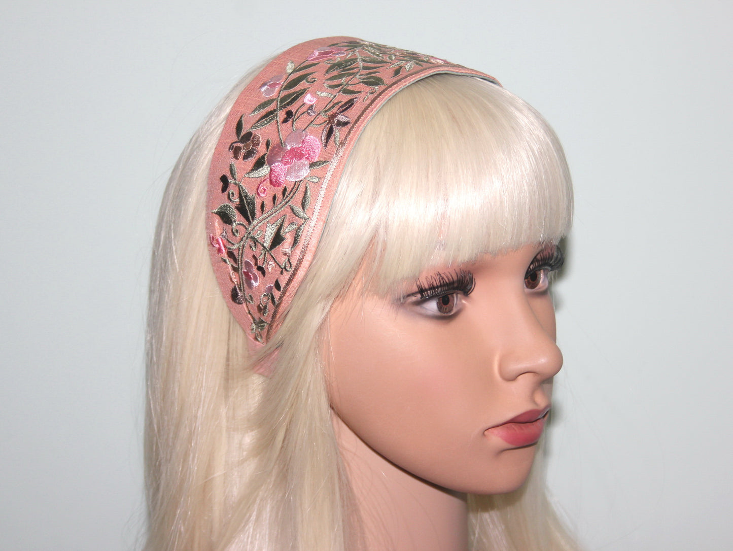 Fashion embroidered headband for women 2.75" inch Peach statement wide hairband