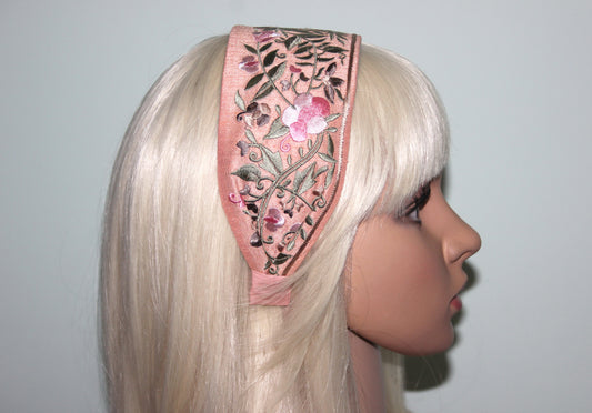 Fashion embroidered headband for women 2.75" inch Peach statement wide hairband