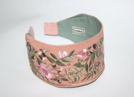 Fashion embroidered headband for women 2.75" inch Peach statement wide hairband