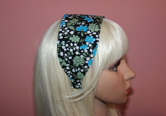Wide fabric headband black and blue boho head scarf women hair accessory structured cotton hair band