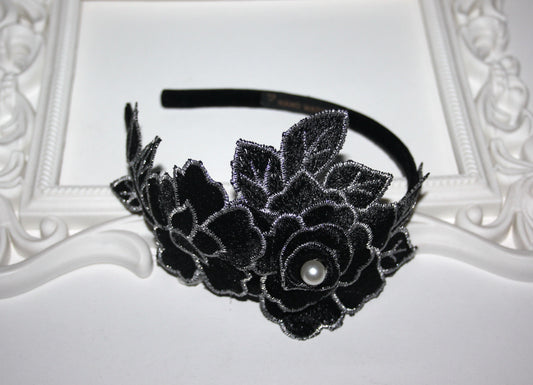 Black & Silver side flower fascinator Wedding women headband Bridal tiara