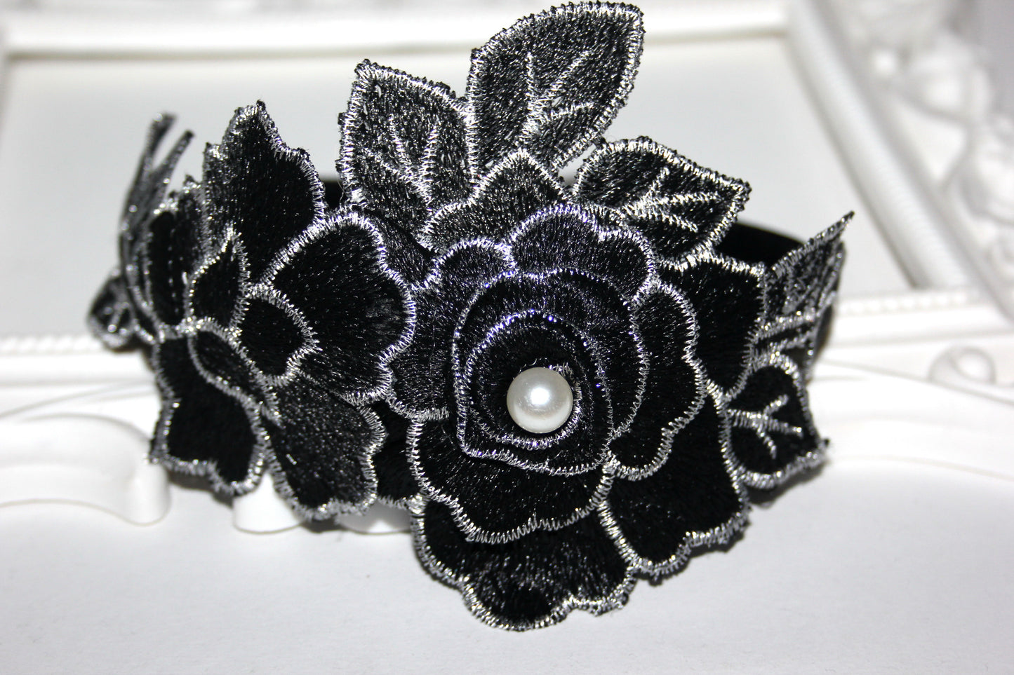 Black & Silver side flower fascinator Wedding women headband Bridal tiara