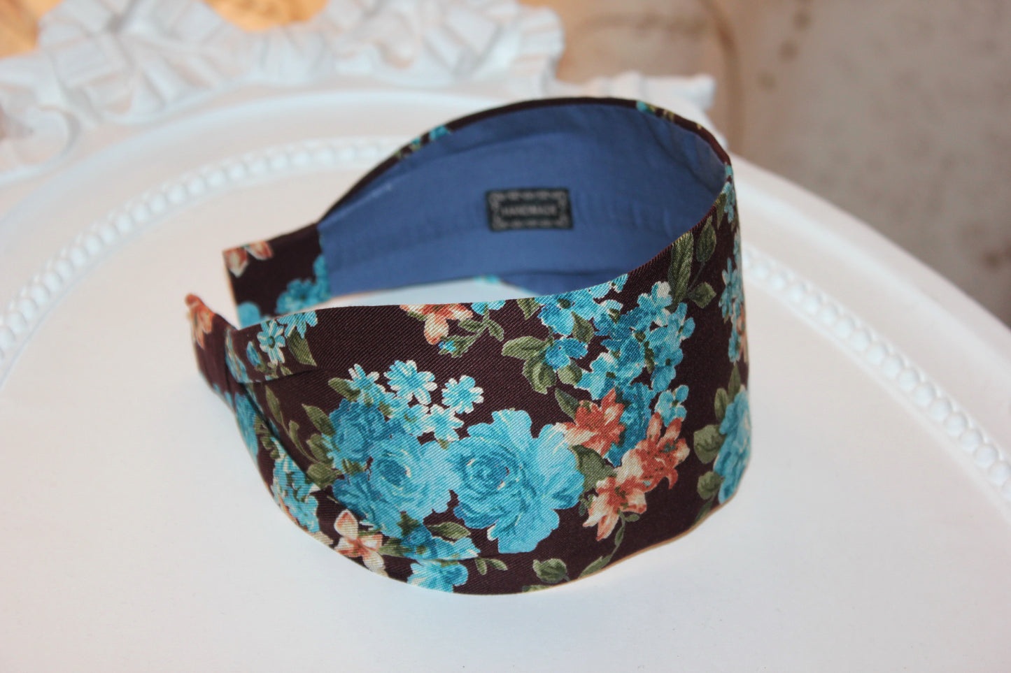 Boho headband for woman Brown and Blue extra wide women hairband
