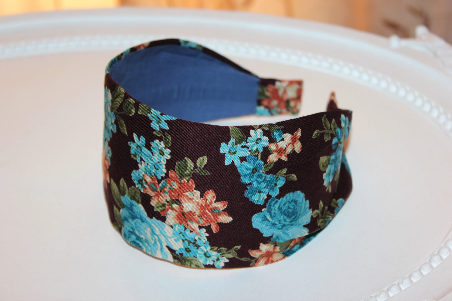 Boho headband for woman Brown and Blue extra wide women hairband