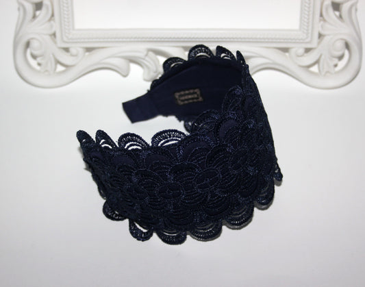 Embroidered 3.5" inches headband Dark Blue hairband scarf Bohemian headpiece for women luxury wide head cover