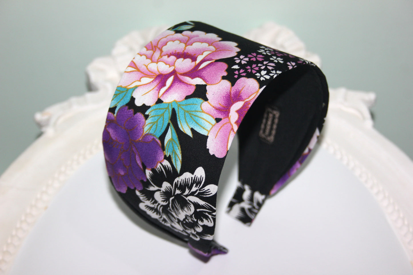 Japanese headband for women Black flower print cotton head scarf