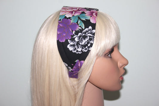 Japanese headband for women Black flower print cotton head scarf
